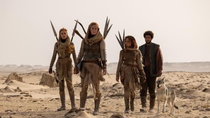 Marcus Rutherford (Perrin Aybara), Ayoola Smart (Avienda), Ragga Ragnars (Bain), and Maja Simonsen (Chiad) in The Wheel of Time season 2.
