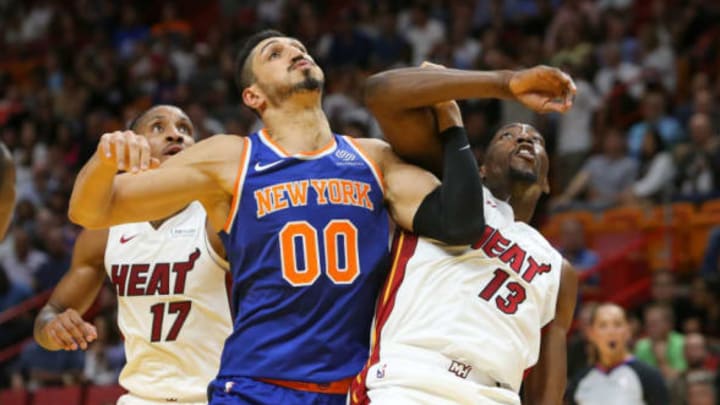 MIAMI, FL – OCTOBER 24: Enes Kanter #00 of the New York Knicks and Bam Adebayo #13 of the Miami Heat battle for position during the first half at American Airlines Arena on October 24, 2018 in Miami, Florida. NOTE TO USER: User expressly acknowledges and agrees that, by downloading and or using this photograph, User is consenting to the terms and conditions of the Getty Images License Agreement. (Photo by Michael Reaves/Getty Images)