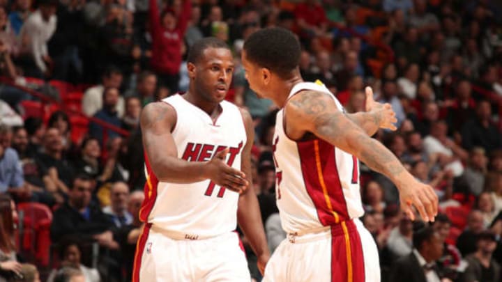 MIAMI, FL – JANUARY 30: Dion Waiters #11 and Rodney McGruder #17 of the Miami Heat react during the game against the Brooklyn Nets on January 30, 2017 at American Airlines Arena in Miami, Florida. NOTE TO USER: User expressly acknowledges and agrees that, by downloading and or using this Photograph, user is consenting to the terms and conditions of the Getty Images License Agreement. Mandatory Copyright Notice: Copyright 2017 NBAE (Photo by Issac Baldizon/NBAE via Getty Images)