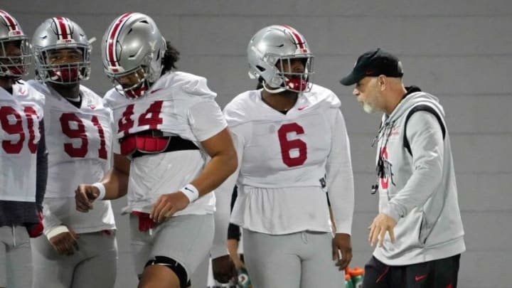 New Ohio State defensive coordinator Jim Knowles coaches during the first practice of spring football for the Buckeyes at the Woody Hayes Athletic Center in Columbus on Tuesday, March 8, 2022.Ceb Osufb Spring 0308 Bjp 08