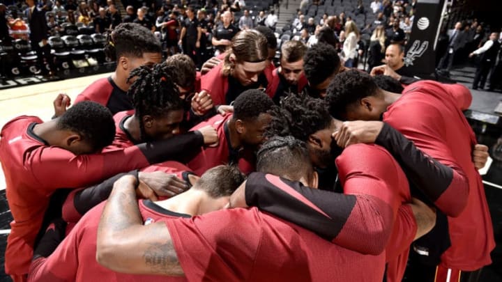 SAN ANTONIO, TX - SEPTEMBER 30: The Miami Heat huddles up before the game against the San Antonio Spurs on September 30, 2018 at the AT&T Center in San Antonio, Texas. NOTE TO USER: User expressly acknowledges and agrees that, by downloading and/or using this Photograph, user is consenting to the terms and conditions of the Getty Images License Agreement. Mandatory Copyright Notice: Copyright 2018 NBAE (Photo by Bill Baptist/NBAE via Getty Images)