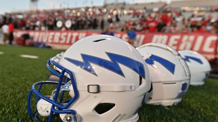 ALBUQUERQUE, NEW MEXICO - OCTOBER 02: Air Force Falcons helmets are shown on the sidelines during the second half of a game between the Air Force Falcons and the New Mexico Lobos at University Stadium on October 02, 2021 in Albuquerque, New Mexico. The Falcons defeated the Lobos 38-10. (Photo by Sam Wasson/Getty Images)