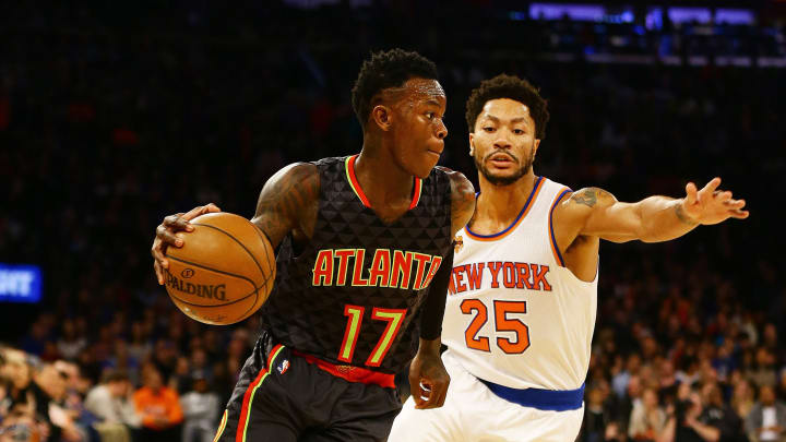 Jan 16, 2017; New York, NY, USA; Atlanta Hawks guard Dennis Schroder (17) dribbles the ball around New York Knicks guard 