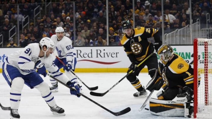 Toronto Maple Leafs centre John Tavares (91) is stopped by Boston Bruins goaltender Jeremy Swayman (1) during the second period at TD Garden: Winslow Townson-USA TODAY Sports