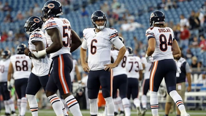 Aug 18, 2016; Foxborough, MA, USA; Chicago Bears quarterback Jay Cutler (6) warms up before the start of the game against the New England Patriots at Gillette Stadium. Mandatory Credit: David Butler II-USA TODAY Sports