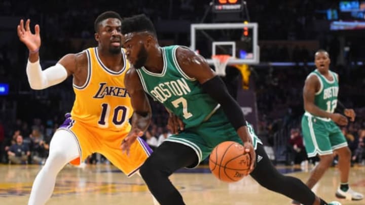 Mar 3, 2017; Los Angeles, CA, USA; Los Angeles Lakers guard David Nwaba (10) guards Boston Celtics forward Jaylen Brown (7) as he drives to the basket in the second half of the game at Staples Center. The Celtics won 115-95. Mandatory Credit: Jayne Kamin-Oncea-USA TODAY Sports