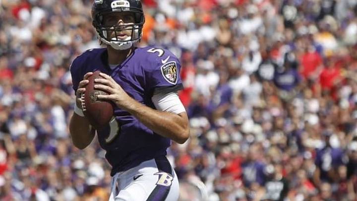Oct 12, 2014; Tampa, FL, USA; Baltimore Ravens quarterback Joe Flacco (5) prepares to throw the ball against the Tampa Bay Buccaneers during the first quarter at Raymond James Stadium. Mandatory Credit: Kim Klement-USA TODAY Sports
