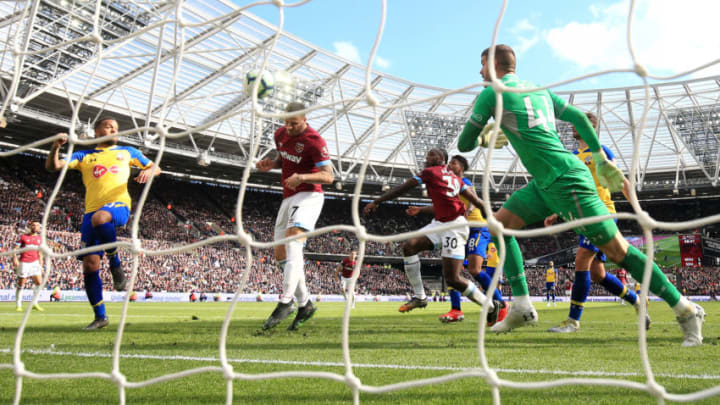 LONDON, ENGLAND - MAY 04: Marko Arnautovic of West Ham United scores his team's second goal past Fraser Forster of Southampton during the Premier League match between West Ham United and Southampton FC at London Stadium on May 04, 2019 in London, United Kingdom. (Photo by Marc Atkins/Getty Images)