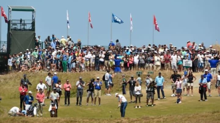 Jun 17, 2015; University Place, WA, USA; Jordan Spieth tees off on the 17th hole during practice rounds on Wednesday at Chambers Bay. Mandatory Credit: John David Mercer-USA TODAY Sports