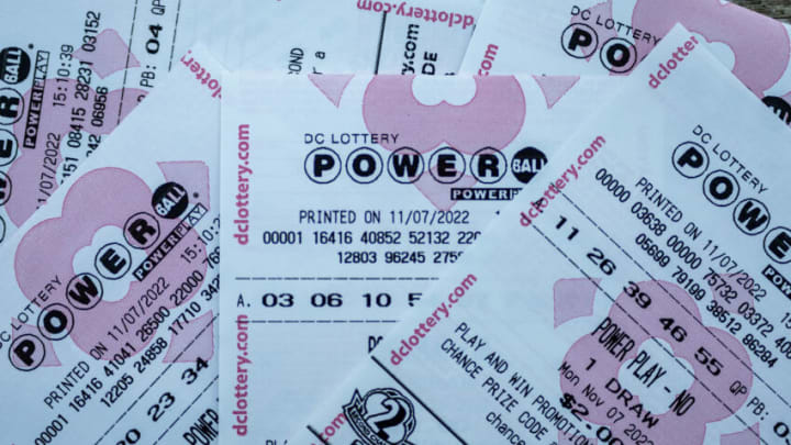 WASHINGTON, DC - NOVEMBER 07: In this photo illustration, tickets for the upcoming Powerball lottery are seen on November 07, 2022 in Washington, DC. The estimated Powerball jackpot for the November 7th drawing has increased to $1.9 billion, with an estimated lump sum payment of $929.1 million. (Photo illustration by Tasos Katopodis/Getty Images)
