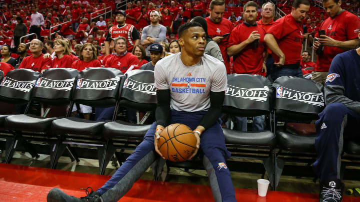 Apr 16, 2017; Houston, TX, USA; Oklahoma City Thunder guard Russell Westbrook (0) sits before game one of the first round of the 2017 NBA Playoffs against the Houston Rockets at Toyota Center. Mandatory Credit: Troy Taormina-USA TODAY Sports