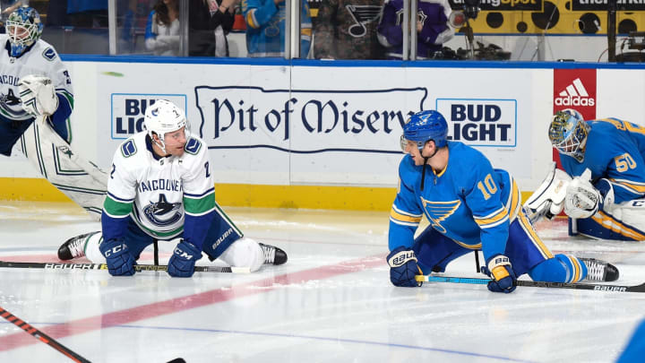ST. LOUIS, MO – APRIL 6: Brayden Schenn #10 of the St. Louis Blues and Luke Schenn #2 of the Vancouver Canucks during warm ups prior to a game at Enterprise Center on April 6, 2019 in St. Louis, Missouri. (Photo by Joe Puetz/NHLI via Getty Images)