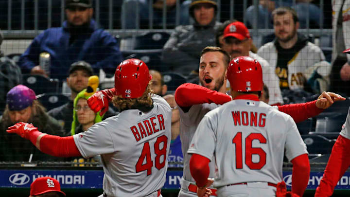 PITTSBURGH, PA - APRIL 03: Harrison Bader #48 of the St. Louis Cardinals celebrates with Paul DeJong #12 after hitting a two run home run in the eighth inning against the Pittsburgh Pirates at PNC Park on April 3, 2019 in Pittsburgh, Pennsylvania. (Photo by Justin K. Aller/Getty Images)