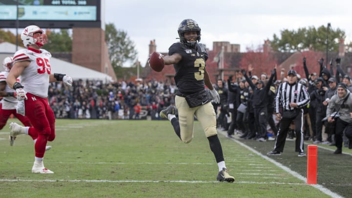 WEST LAFAYETTE, IN – NOVEMBER 02: David Bell #3 of the Purdue Boilermakers scores the go-ahead touchdown late in the fourth quarter against the Nebraska Cornhuskers at Ross-Ade Stadium on November 2, 2019 in West Lafayette, Indiana. (Photo by Michael Hickey/Getty Images)