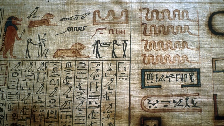 Detail from a Book of the Dead papyrus, Egyptian Museum, Cairo. The hippopotamus goddess of childbirth Taweret is visible in the top left. (Photo by CM Dixon/Print Collector/Getty Images)