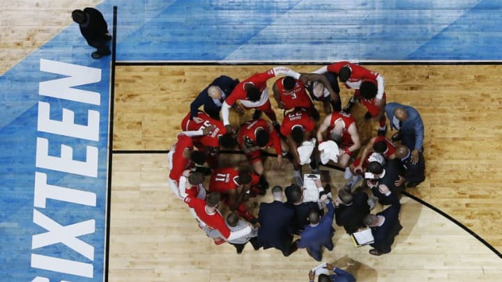 ANAHEIM, CALIFORNIA - MARCH 28: The Texas Tech Red Raiders huddle during the 2019 NCAA Men's Basketball Tournament West Regional game against the Michigan Wolverines at Honda Center on March 28, 2019 in Anaheim, California. (Photo by Sean M. Haffey/Getty Images)