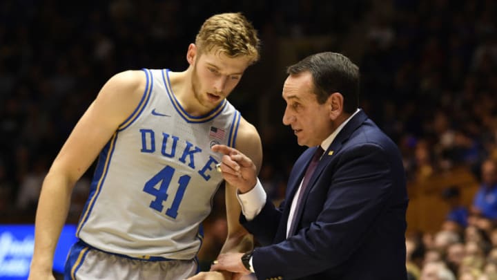 DURHAM, NORTH CAROLINA - NOVEMBER 08: Head coach Mike Krzyzewski talks with Jack White #41 of the Duke Blue Devils during the second half of their game against the Colorado State Rams at Cameron Indoor Stadium on November 08, 2019 in Durham, North Carolina. (Photo by Grant Halverson/Getty Images)