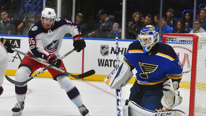 ST. LOUIS, MO – SEPTEMBER 20: St. Louis Blues goalie Ville Husso (35) gets ready to block a shot by Columbus Blue Jackets center Zac Dale (36) in the third period during a pre-season National Hockey League game between the Columbus Blue Jackets and the St. Louis Blues on September 20, 2017, at Scottrade Center in St. Louis, MO. (Photo by Keith Gillett/Icon Sportswire via Getty Images)