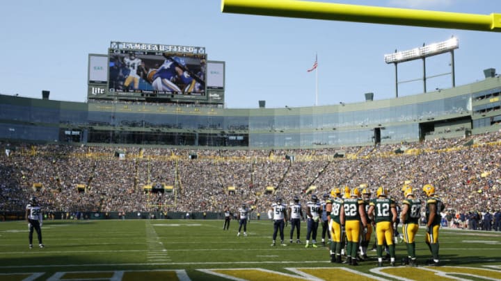 GREEN BAY, WI - SEPTEMBER 10: General view of the stadium and scoreboard as the Green Bay Packers prepare to huddle prior to the play during a game against the Seattle Seahawks at Lambeau Field on September 10, 2017 in Green Bay, Wisconsin. The Packers won 17-9. (Photo by Joe Robbins/Getty Images) *** Local Caption ***