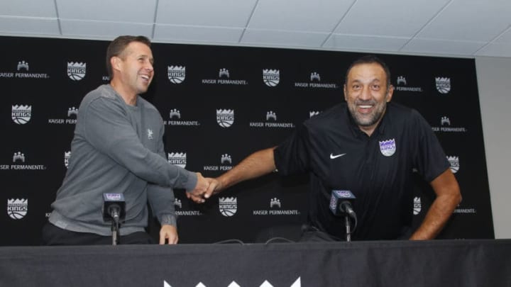 SACRAMENTO, CA - JUNE 24: Head Coach Dave Joerger and General Manager Vlade Divac of the Sacramento Kings address the media at a press conference on September 27, 2017 at the Golden 1 Center in Sacramento, California. NOTE TO USER: User expressly acknowledges and agrees that, by downloading and/or using this Photograph, user is consenting to the terms and conditions of the Getty Images License Agreement. Mandatory Copyright Notice: Copyright 2017 NBAE (Photo by Rocky Widner/NBAE via Getty Images)