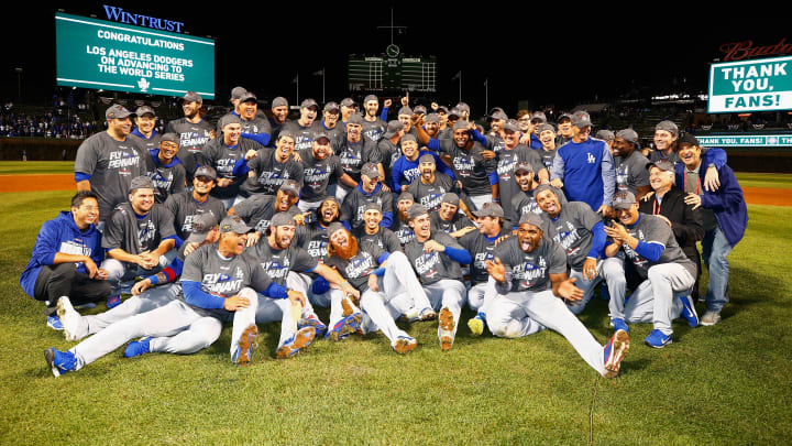 CHICAGO, IL – OCTOBER 19: The Los Angeles Dodgers pose after defeating the Chicago Cubs 11-1 in game five of the National League Championship Series at Wrigley Field on October 19, 2017 in Chicago, Illinois. The Dodgers advance to the 2017 World Series. (Photo by Jamie Squire/Getty Images)