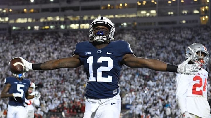 Oct 22, 2016; University Park, PA, USA; Penn State Nittany Lions wide receiver Chris Godwin (12) reacts following his touchdown catch against the Ohio State Buckeyes during the second quarter at Beaver Stadium. Mandatory Credit: Rich Barnes-USA TODAY Sports