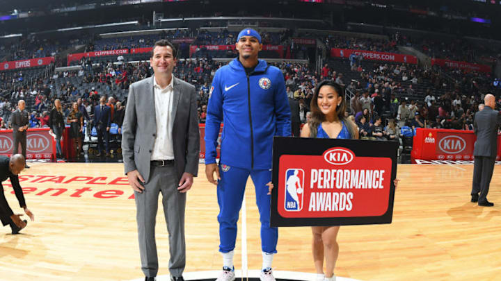 LOS ANGELES, CA - DECEMBER 8: Tobias Harris #34 of the LA Clippers gets the KIA Performance Award before the game against the Miami Heat on December 8, 2018 at STAPLES Center in Los Angeles, California. NOTE TO USER: User expressly acknowledges and agrees that, by downloading and/or using this Photograph, user is consenting to the terms and conditions of the Getty Images License Agreement. Mandatory Copyright Notice: Copyright 2018 NBAE (Photo by Adam Pantozzi/NBAE via Getty Images)