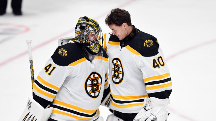 ANAHEIM, CA - FEBRUARY 15: Boston Bruins goalies Jaroslav Halak (41) and Tuukka Rask (40) celebrate on the ice after the Bruins defeated the Anaheim Ducks 3 to 0 in a game played on February 15, 2019 at the Honda Center in Anaheim, CA. (Photo by John Cordes/Icon Sportswire via Getty Images)