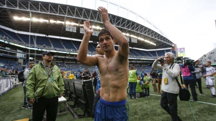Sep 17, 2016; Seattle, WA, USA; Seattle Sounders FC midfielder Nicolas Lodeiro (10) applauds the fans as he walks to the locker room following a 1-0 Seattle victory against the Vancouver Whitecaps FC at CenturyLink Field. Mandatory Credit: Joe Nicholson-USA TODAY Sports
