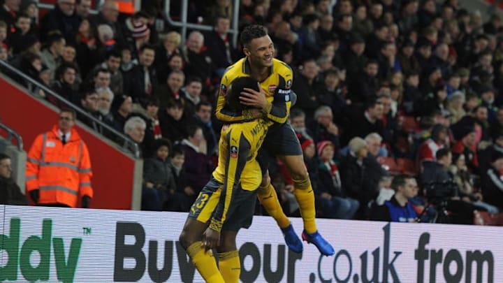 SOUTHAMPTON, ENGLAND - JANUARY 28: Danny Welbeck celebrates scoring the 1st Arsenal goal with Kieran Gibbs during the Emirates FA Cup Fourth Round match between Southampton and Arsenal at St Mary's Stadium on January 28, 2017 in Southampton, England. (Photo by Stuart MacFarlane/Arsenal FC via Getty Images)