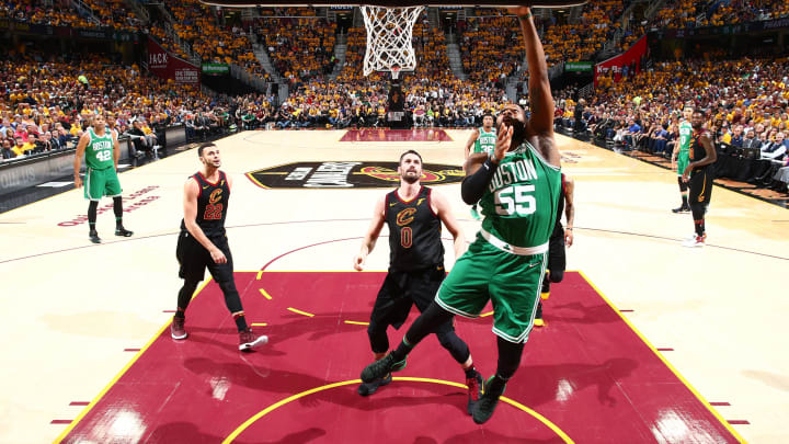 CLEVELAND, OH – MAY 19: Greg Monroe #55 of the Boston Celtics goes to the basket against the Cleveland Cavaliers in Game Three of the Eastern Conference Finals of the 2018 NBA Playoffs on May 19, 2018 at Quicken Loans Arena in Cleveland, Ohio. NOTE TO USER: User expressly acknowledges and agrees that, by downloading and or using this photograph, user is consenting to the terms and conditions of Getty Images License Agreement. Mandatory Copyright Notice: Copyright 2018 NBAE (Photo by Nathaniel S. Butler/NBAE via Getty Images)
