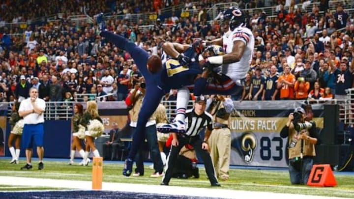 Nov 15, 2015; St. Louis, MO, USA; St. Louis Rams cornerback Janoris Jenkins (21) breaks up a pass intended for Chicago Bears wide receiver Alshon Jeffery (17) during the first half at the Edward Jones Dome. Mandatory Credit: Jeff Curry-USA TODAY Sports