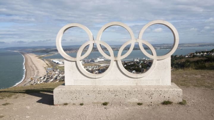 Olympic Rings memorial from London 2012 marking Weymouth and Isle of Portland as venue for sailing events, Dorset, England. (Photo By: Geography Photos/UIG via Getty Images)
