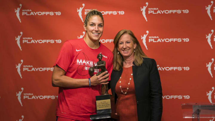 WASHINGTON, DC - SEPTEMBER 19: MNBA Commissioner Cathy Engelbert presents the 2019 WNBA Most Valuable Player trophy to Elena Delle Donne #11 of the Washington Mystics before Game Two of the 2019 WNBA playoffs against the Las Vegas Aces at St Elizabeths East Entertainment & Sports Arena on September 19, 2019 in Washington, DC. NOTE TO USER: User expressly acknowledges and agrees that, by downloading and or using this photograph, User is consenting to the terms and conditions of the Getty Images License Agreement. (Photo by Scott Taetsch/Getty Images)