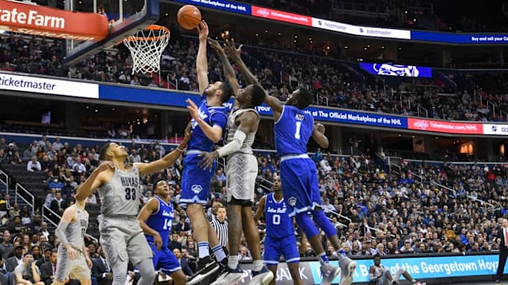 WASHINGTON, D.C. - MARCH 7: Seton Hall Pirates forward Sandro Mamukelashvili (23) rebounds a ball in front of Georgetown Hoyas forward Josh LeBlanc (23) on March 2, 2019, at the Capital One Arena in Washington, DC. (Photo by Mark Goldman/Icon Sportswire via Getty Images)