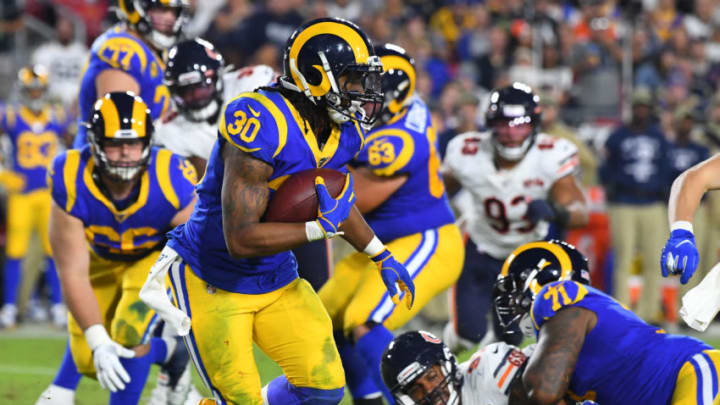 LOS ANGELES, CA - NOVEMBER 17: Running back Todd Gurley #30 of the Los Angeles Rams carries the ball for a gain in the second half of the game against the Chicago Bears at the Los Angeles Memorial Coliseum on November 17, 2019 in Los Angeles, California. (Photo by Jayne Kamin-Oncea/Getty Images)