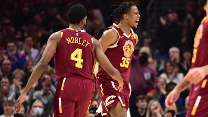 Evan Mobley (left) and Isaac Okoro, Cleveland Cavaliers. (Photo by Jason Miller/Getty Images)