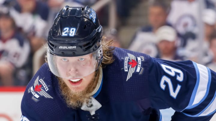 WINNIPEG, MB - MAY 20: Patrik Laine #29 of the Winnipeg Jets looks on during a third period face-off against the Vegas Golden Knights in Game Five of the Western Conference Final during the 2018 NHL Stanley Cup Playoffs at the Bell MTS Place on May 20, 2018 in Winnipeg, Manitoba, Canada. (Photo by Jonathan Kozub/NHLI via Getty Images)