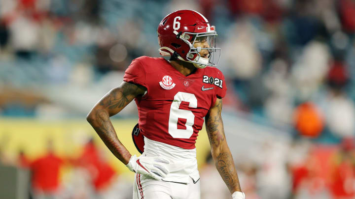 MIAMI GARDENS, FLORIDA – JANUARY 11: DeVonta Smith #6 of the Alabama Crimson Tide looks on during the first quarter of the College Football Playoff National Championship game against the Ohio State Buckeyes at Hard Rock Stadium on January 11, 2021 in Miami Gardens, Florida. (Photo by Kevin C. Cox/Getty Images)