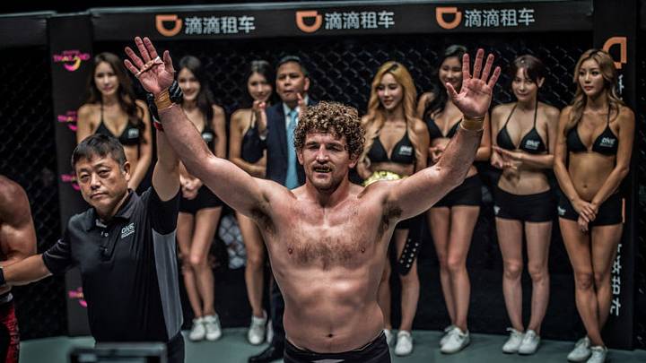 SHANGHAI, CHINA - SEPTEMBER 02: Ben Askren is declared the winner against Zebaztian Kadestam during ONE Championship: Shanghai at the Shanghai Oriental Sports Center on September 02, 2017 in Shanghai, China. (Photo by David Ash/ONE Championship/Getty Images)