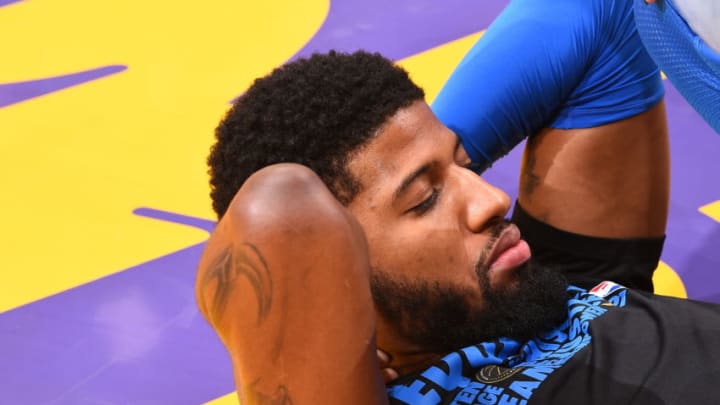 LOS ANGELES, CA - FEBRUARY 8: Paul George #13 of the Oklahoma City Thunder warms up before the game against the Los Angeles Lakers on February 8, 2018 at STAPLES Center in Los Angeles, California. NOTE TO USER: User expressly acknowledges and agrees that, by downloading and/or using this Photograph, user is consenting to the terms and conditions of the Getty Images License Agreement. Mandatory Copyright Notice: Copyright 2018 NBAE (Photo by Andrew D. Bernstein/NBAE via Getty Images)