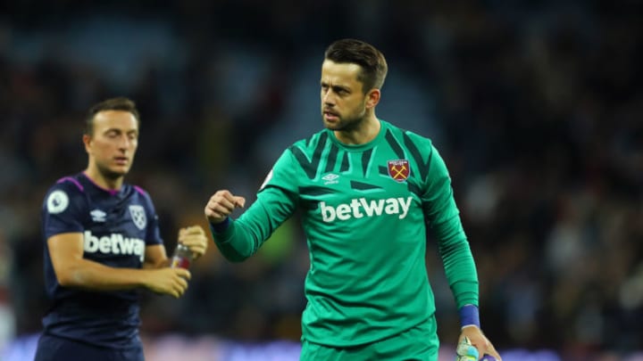 BIRMINGHAM, ENGLAND - SEPTEMBER 16: West Ham United goal keeper Lukasz Fabianski reacts after during the Premier League match between Aston Villa and West Ham United at Villa Park on September 16, 2019 in Birmingham, United Kingdom. (Photo by Richard Heathcote/Getty Images)