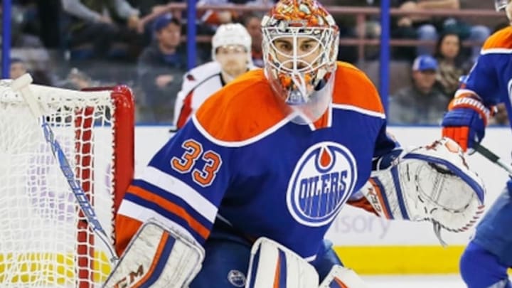 Oct 23, 2015; Edmonton, Alberta, CAN; Edmonton Oilers goaltender Cam Talbot (33) makes a save against the Washington Capitals at Rexall Place. Mandatory Credit: Perry Nelson-USA TODAY Sports