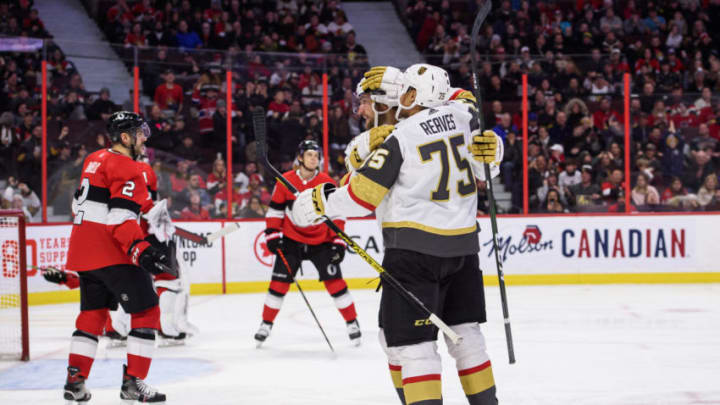 OTTAWA, ON - JANUARY 16: Vegas Golden Knights Right Wing Ryan Reaves (75) celebrates a third period goal against the Ottawa Senators during the NHL game on January 16, 2020 at the Canadian Tire Centre in Ottawa, Ontario, Canada. (Photo by Steven Kingsman/Icon Sportswire via Getty Images)