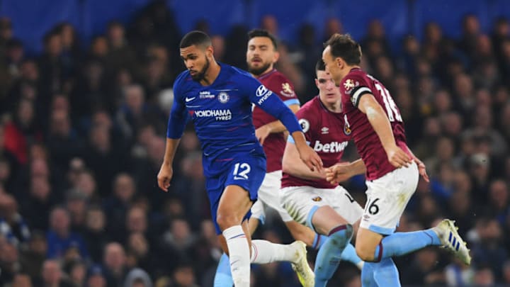 LONDON, ENGLAND - APRIL 08: Ruben Loftus-Cheek of Chelsea is chased by Mark Noble of West Ham United during the Premier League match between Chelsea FC and West Ham United at Stamford Bridge on April 08, 2019 in London, United Kingdom. (Photo by Mike Hewitt/Getty Images)