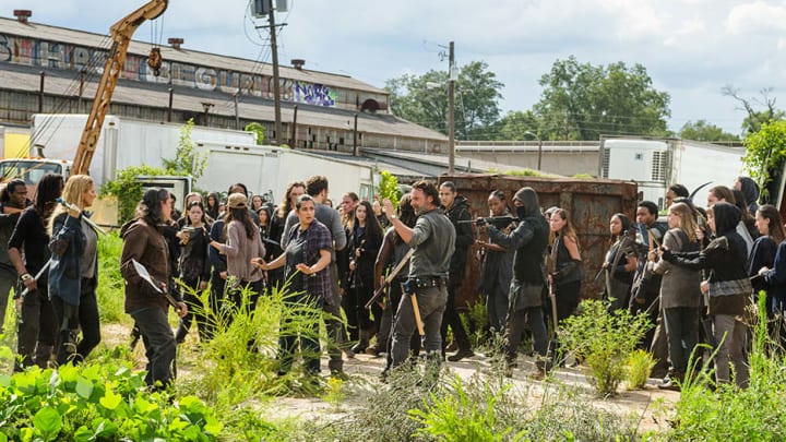 Roaita Espinosa (Christian Serratos), Tara Chambler (Alanna Masterson), Aaron (Ross Marquand), Michonne (Danai Gurira) and Rick Grimes (Andrew Lincoln) in Episode 9 Photo by Gene Page/AMC