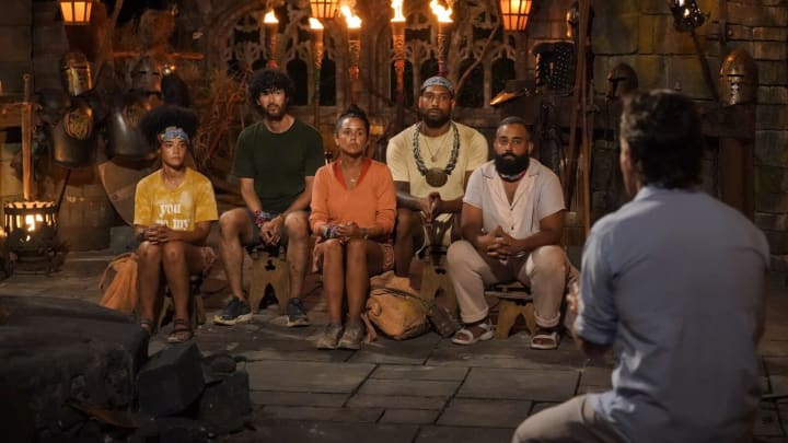 “Let’s Not Be Cute About It” – Castaways must find the key to unlock a new twist in the game. Then, one castaway finds themselves stuck between a rock and a hard place, on SURVIVOR, Wednesday, April 12 (8:00-9:00 PM, ET/PT) on the CBS Television Network, and available to stream live and on demand on Paramount+. Pictured (L-R): Lauren Harpe, Matt Blankinship, Jaime Lynn Ruiz, Brandon Cottom, and Yamil “Yam Yam” Arocho at Tribal Council. Photo: Robert Voets/CBS ©2022 CBS Broadcasting, Inc. All Rights Reserved