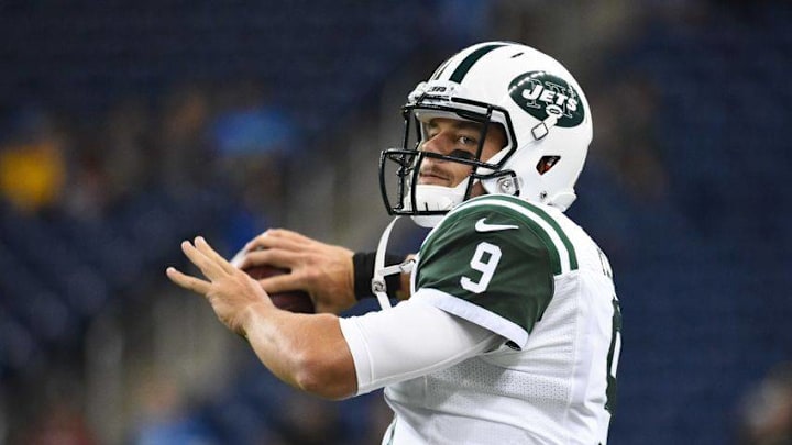 Aug 13, 2015; Detroit, MI, USA; New York Jets quarterback Bryce Petty (9) warms up before the preseason NFL football game against the Detroit Lions at Ford Field. Mandatory Credit: Tim Fuller-USA TODAY Sports