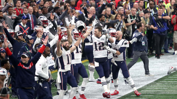 ATLANTA, GEORGIA – FEBRUARY 03: Tom Brady #12 and Chris Hogan #15 of the New England Patriots celebrate a missed field goal late in the fourth quarter against the Los Angeles Ramsduring Super Bowl LIII at Mercedes-Benz Stadium on February 03, 2019 in Atlanta, Georgia. (Photo by Streeter Lecka/Getty Images)