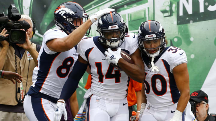 EAST RUTHERFORD, NEW JERSEY – OCTOBER 07: Courtland Sutton #14 of the Denver Broncos celebrates with his teammates after scoring an 8 yard touchdown against the New York Jets during the first quarter in the game at MetLife Stadium on October 07, 2018 in East Rutherford, New Jersey. (Photo by Mike Stobe/Getty Images)